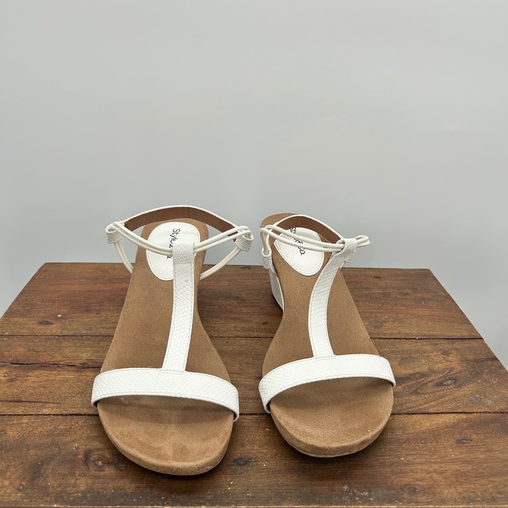 White T-Strap Wedge Sandals - Women